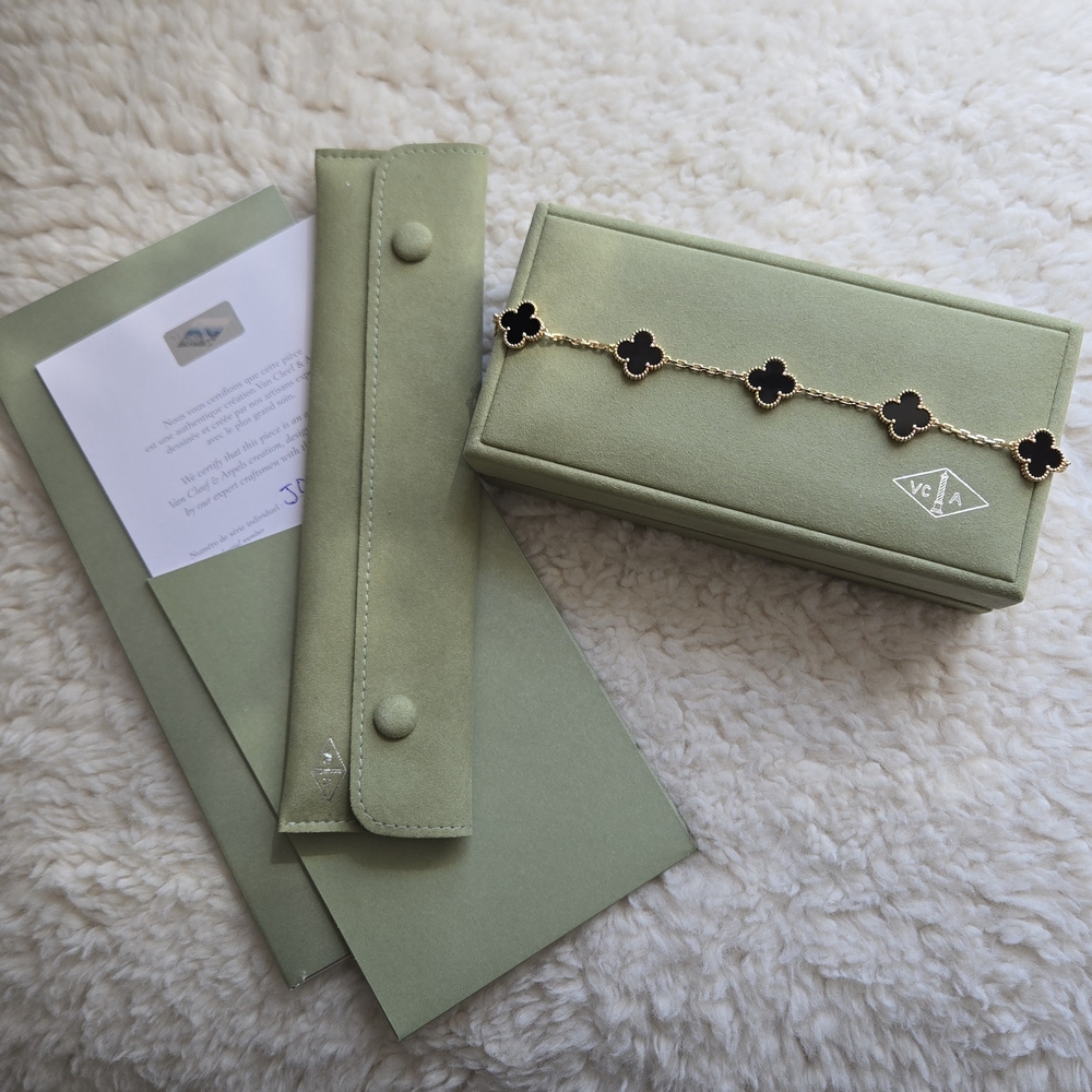 Van Cleef & Arpels Vintage Alhambra 18K YG Onyx 5 Motif Bracelet